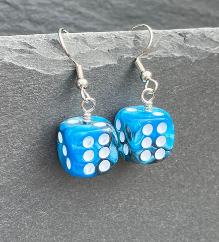 Blue Marbled Dice Earrings