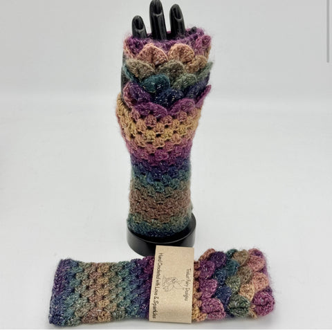 Fingerless Dragon Scale Gloves in Muted Rainbow