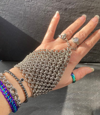 Japanese 12 in 2 Chainmaille Handflower, Stainless Steel Hand Chain Bracelet