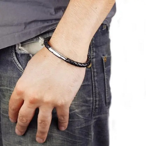 Men's Stainless Steel Braided Leatherette Bracelet