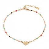Stainless Steel Simple Link Cable Chain Anklet Gold Plated Multicolor Enamel Heart
