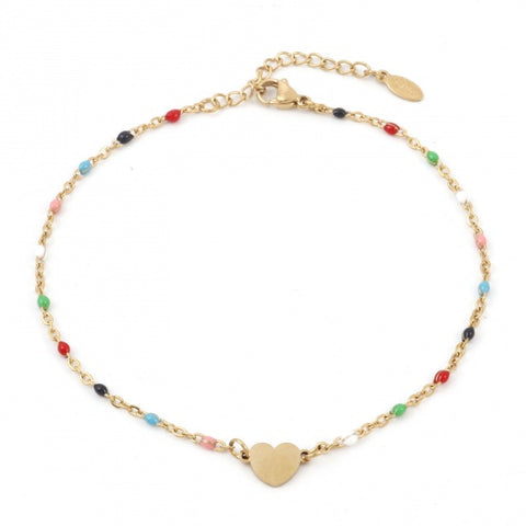 Stainless Steel Simple Link Cable Chain Anklet Gold Plated Multicolor Enamel Heart