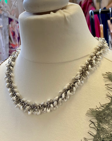 Beaded Chainmaille Necklace with White Pearl Beads