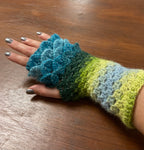Fingerless mermaid/dragon scale gloves in blue/yellow mix