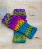 Fingerless crochet dragon scale gloves, bright rainbow wrist warmers